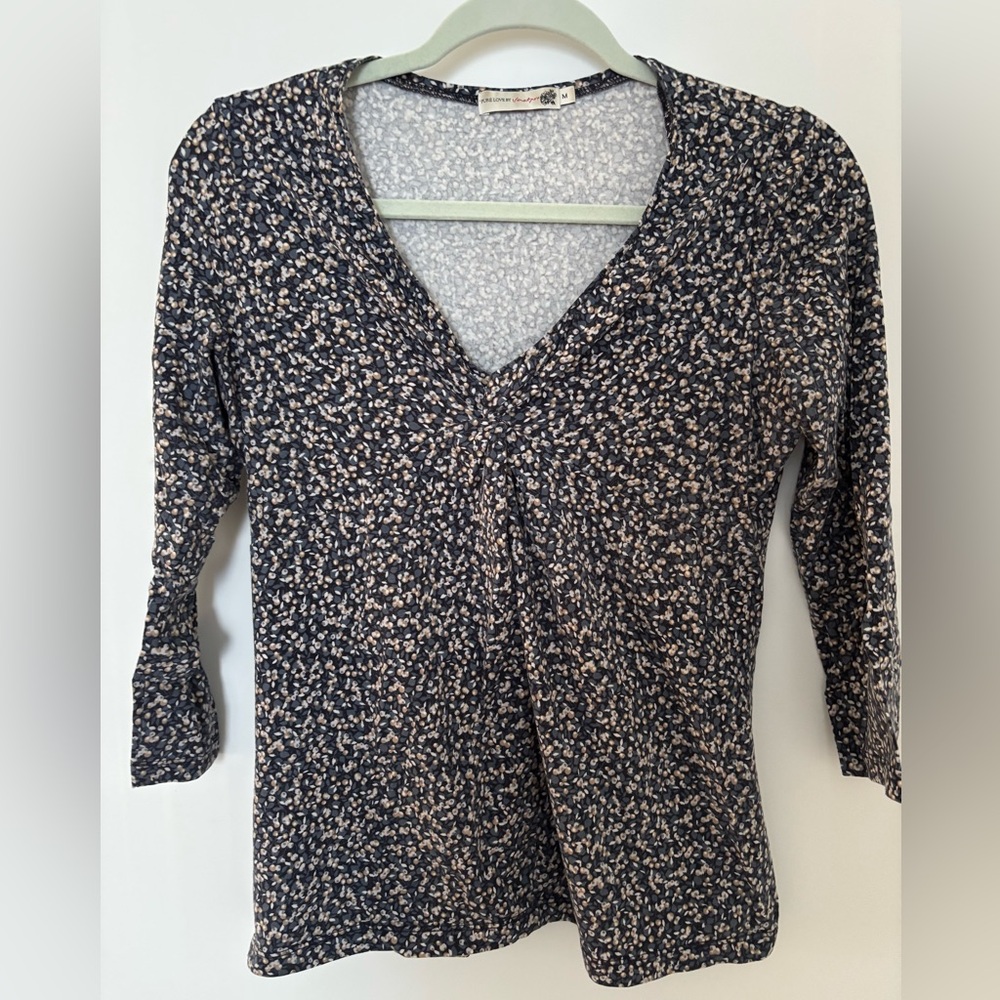 Vintage Danish Brand Jackpot Navy Floral V-Neck 3/4 sleeve Top Medium